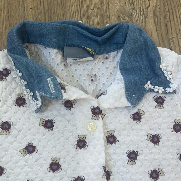 Vintage Teddy Bear Heart Button Up Denim Floral Trim Size 2T Toddler - Picture 3 of 7